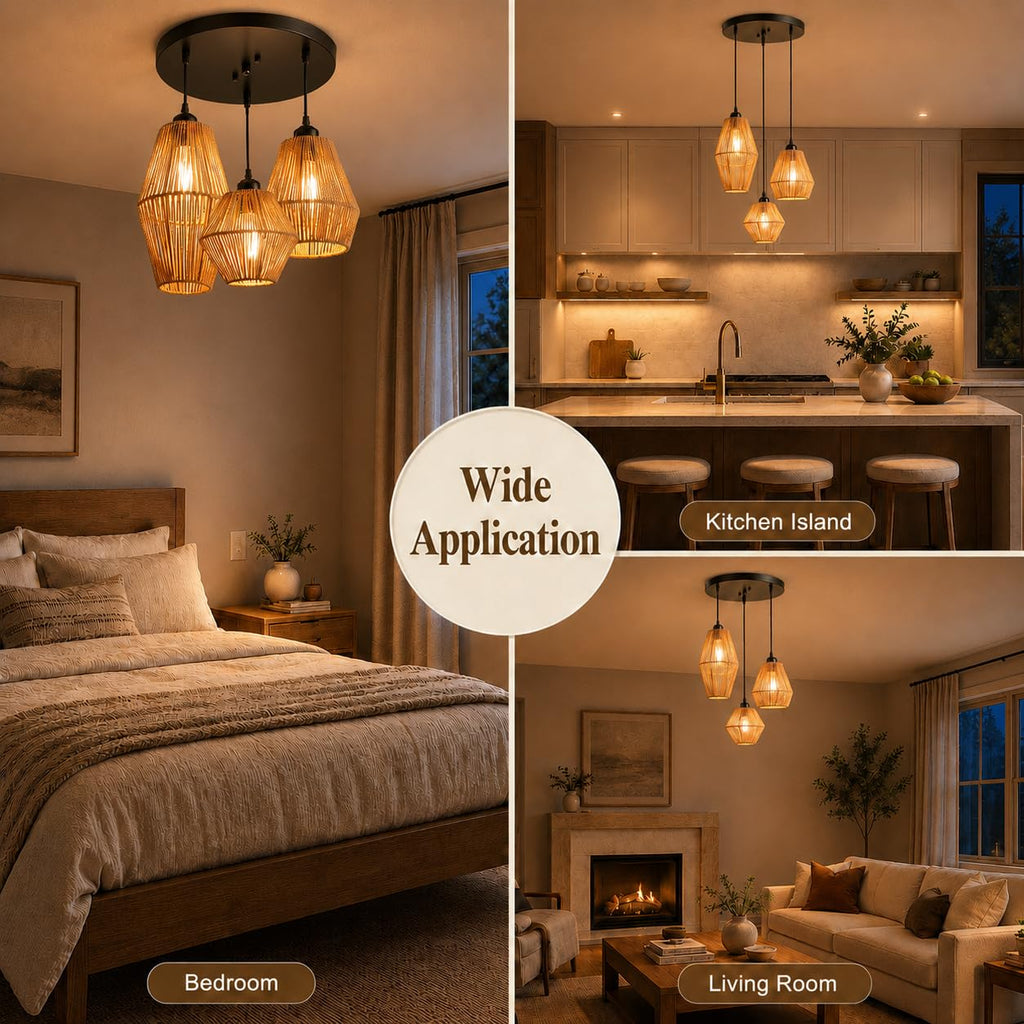 3-Light Rattan Pendant Light, Hand Woven Boho Chandelier, Wicker Pendant Light Fixture, Kitchen Dining Room Chandelier