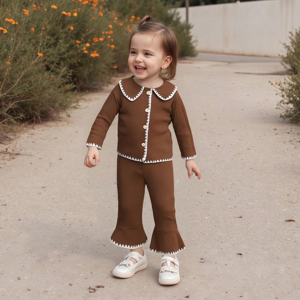 Toddler Baby Girl Fall Winter Outfits Ribbed Long Sleeve Button Down Shirt Tops Flare Pants Cute Clothes Set