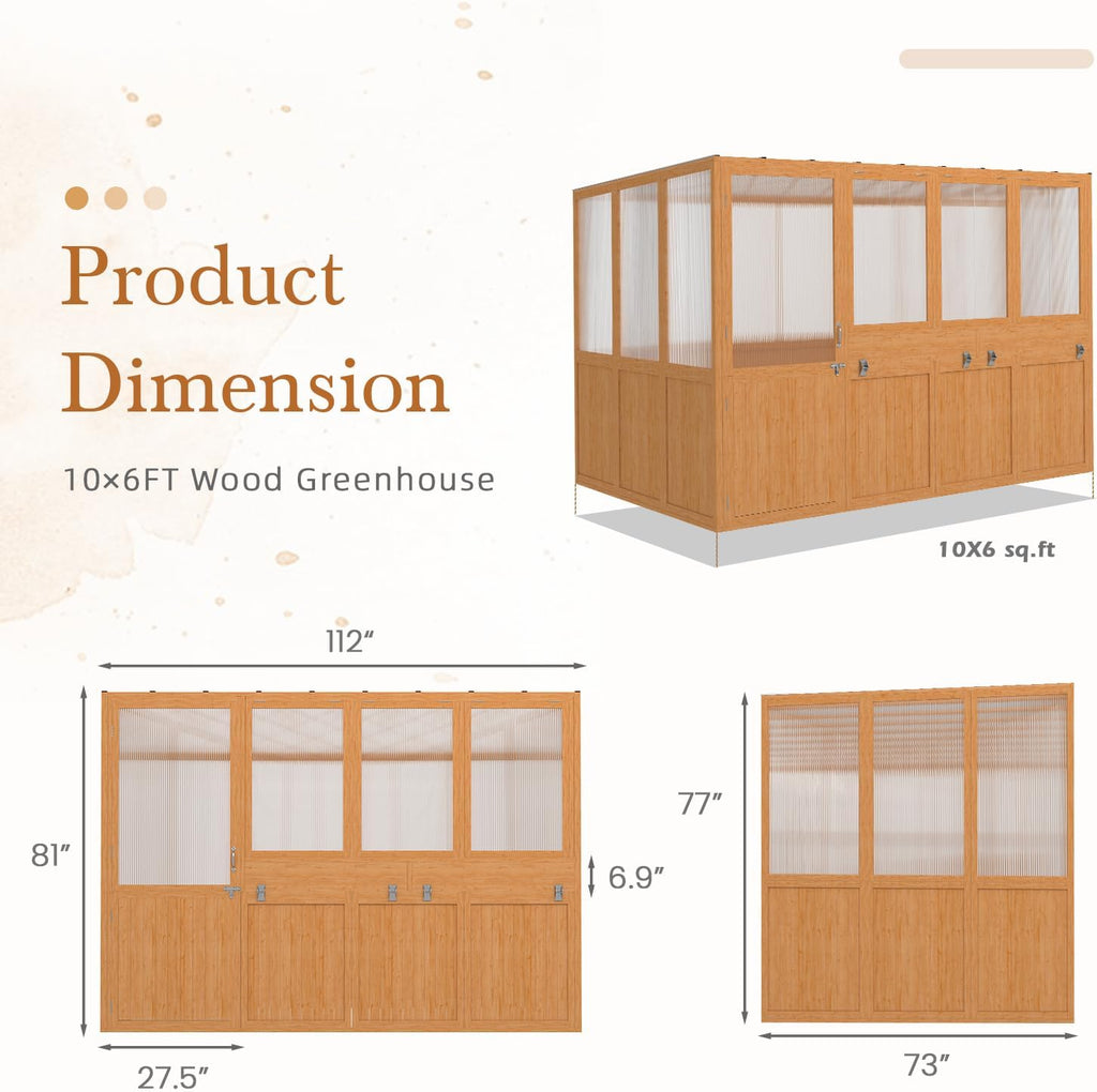 6x10 Ft Wood Greenhouse for Outdoors