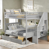 Full Over Full Bunk Beds with Stairs Stairway Bunk Bed Frame with Storage Shelves for Kids Teens Adult