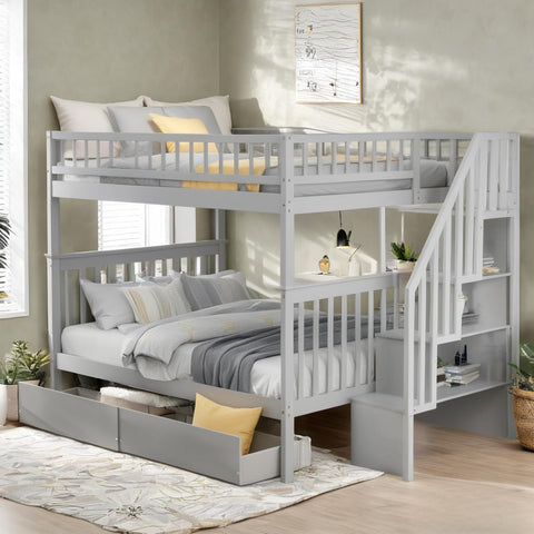 Full Over Full Bunk Beds with Stairs Stairway Bunk Bed Frame with Storage Shelves for Kids Teens Adult