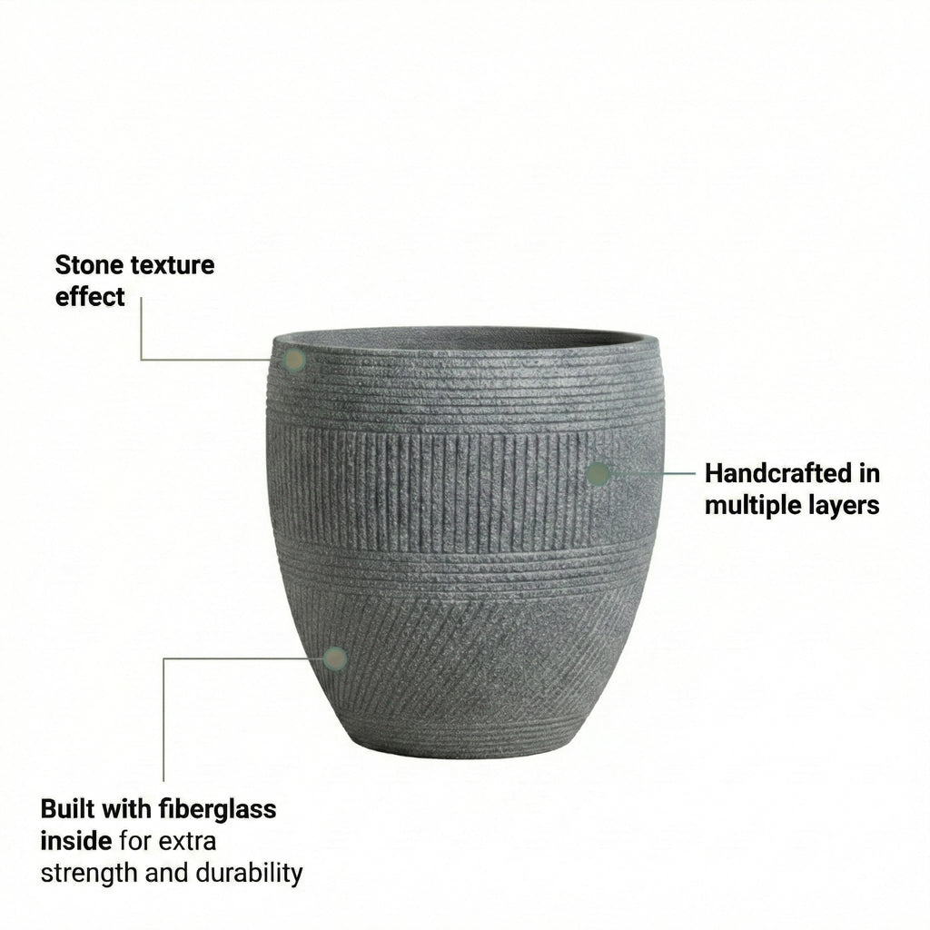 15" Textured Drum Outdoor Planter, Charcoal Gray, Modern Round Plant Pot