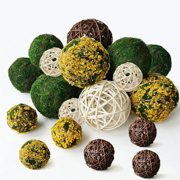 Decorative Balls for Bowls, Mixed Moss Balls, Rattan Wicker Orbs & Dried Floral Sphere Bowl Fillers Decor Table - Set of 18