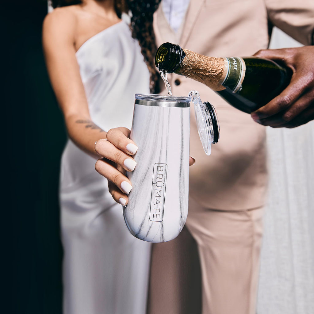 Champagne Flute 12oz with Flip-Top Lid to Hold in Carbonation | Insulated Stainless Steel for Ice Cold Champagne