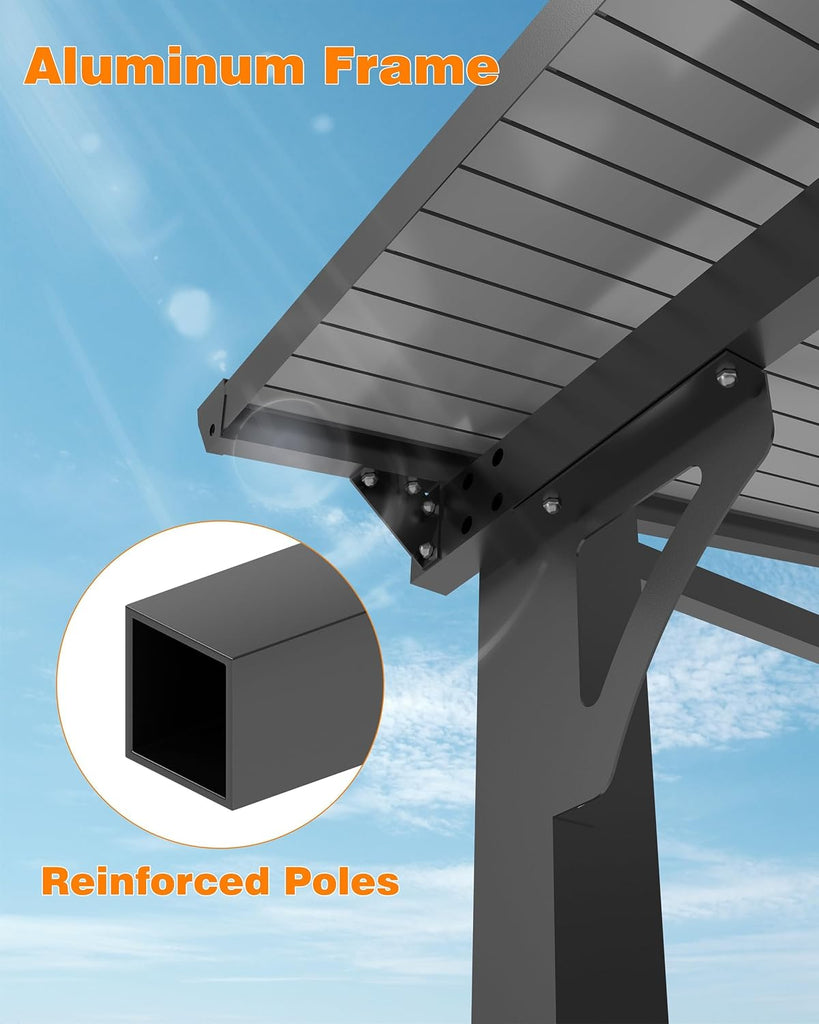 12' x 14' Hardtop Lean-to Gazebo, Wall-Mounted Aluminum Pergola with Polycarbonate Roof – Black