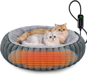 Heated Cat Beds for Indoor Cats and Small Dogs, Cozy Donut Heated Pet Bed with Timer & Temp Adjustable, Removable