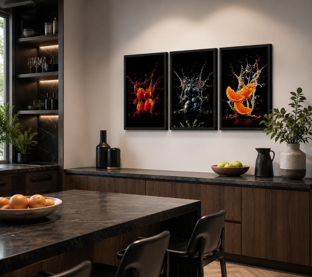 Framed Fruit Canvas Wall Art, 3 Piece Kitchen Decor, 12 x 16 Inch