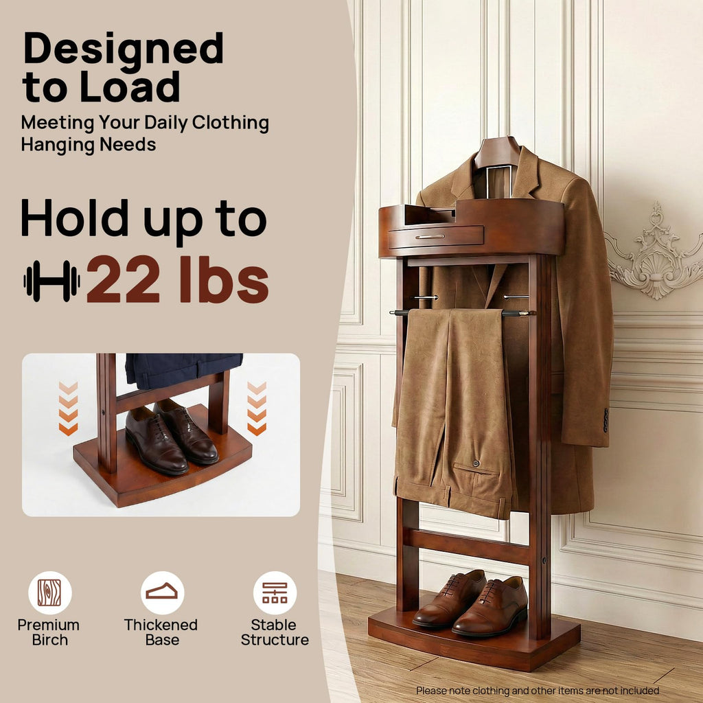 Suit Valet Stand, Wooden Suit Rack for Men and Women, Clothes Valet Stand with Drawer & Trouser Holder, Mens Valet