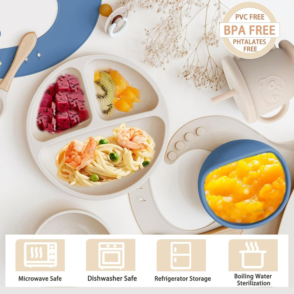 Feeding Set | Baby Led Weaning Supplies Includes Suction Bowls and Divided Plates, Adjustable Bib, Baby Utensils