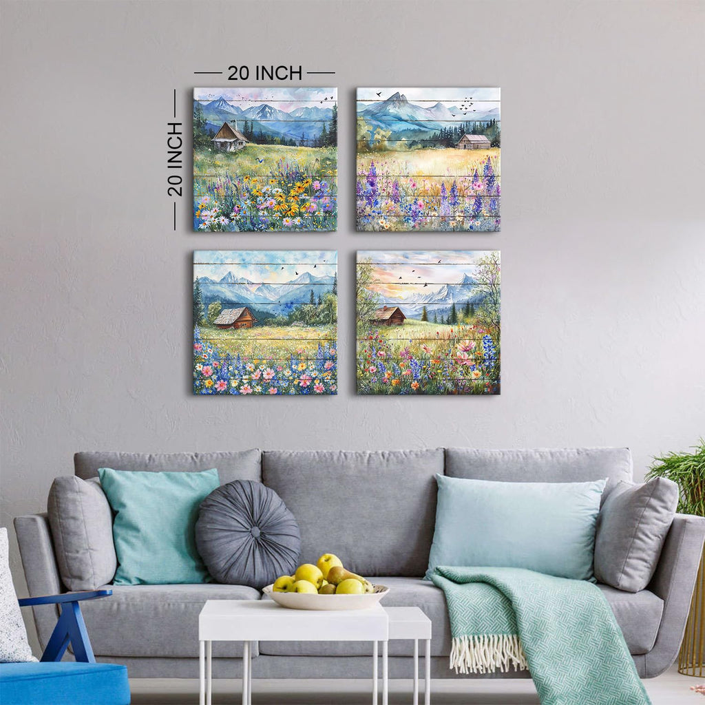 Colorful Wildflower Wall Art Farmhouse Floral Scenery Pictures Rustic Flower Landscape Canvas Painting Mountain