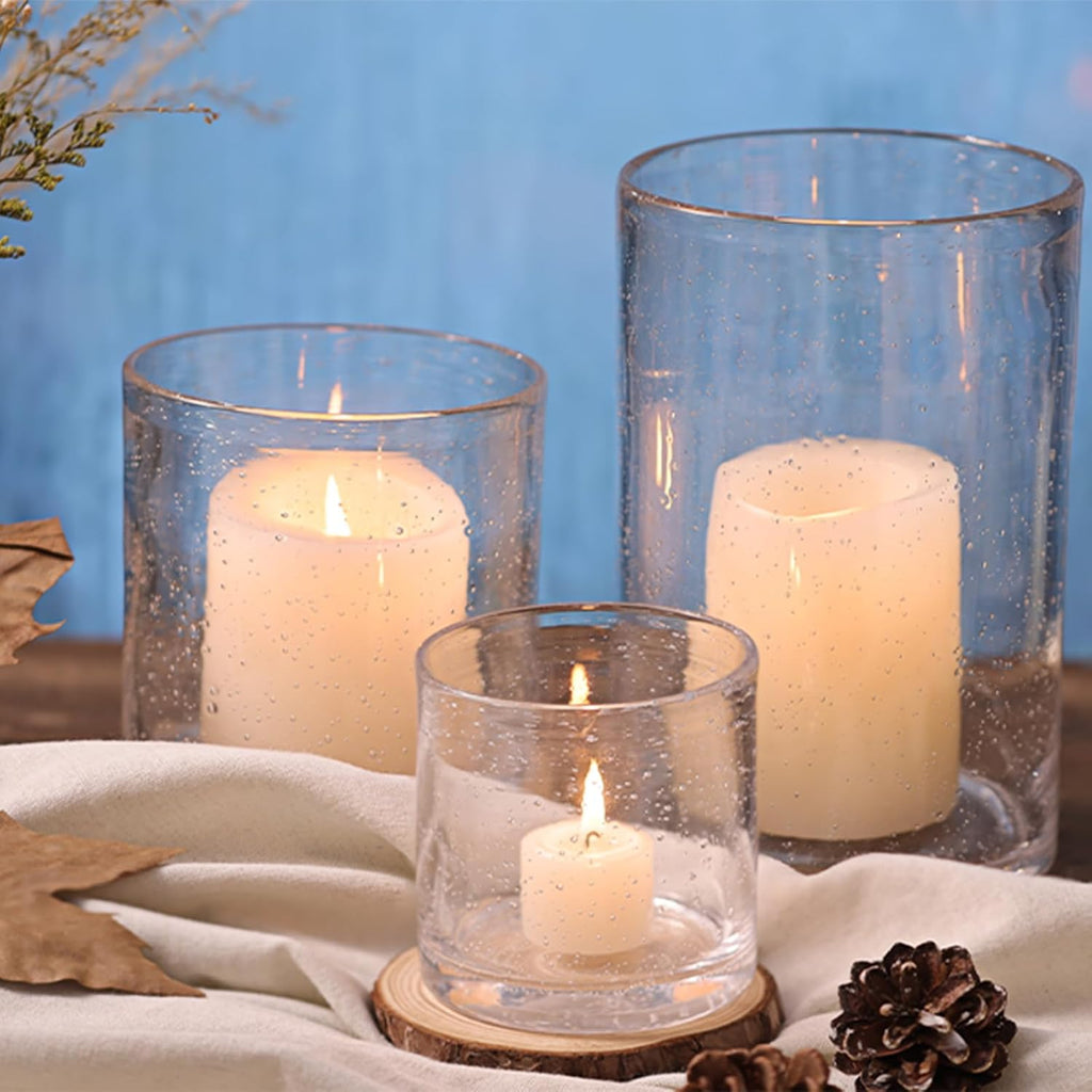 Hurricane Candle Holder Set of 3 Clear Candle Holders for Pillar Candles, Seeded Bubbles Glass Candle Holder for