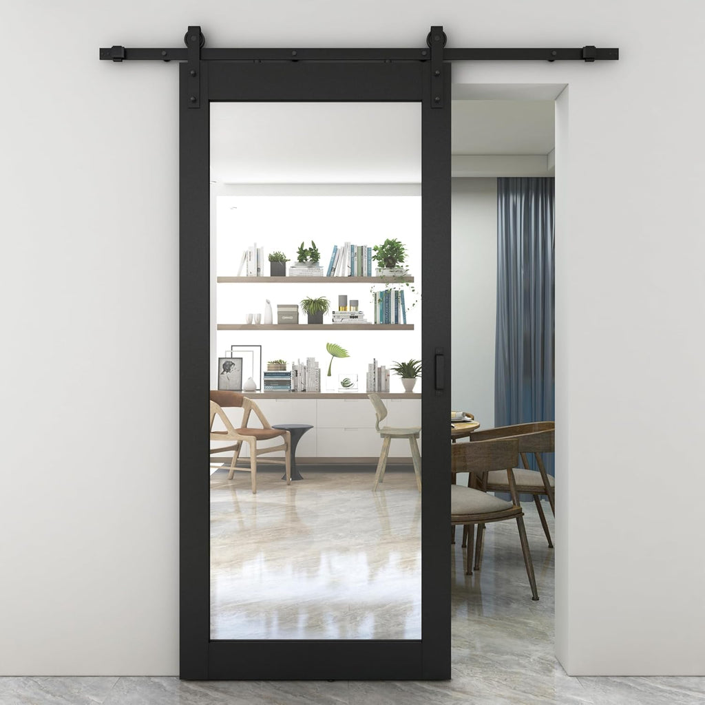 36 in. x 84 in. Mirrored Glass Black MDF Interior Sliding Barn Door with Hardware Kit and Door Handl
