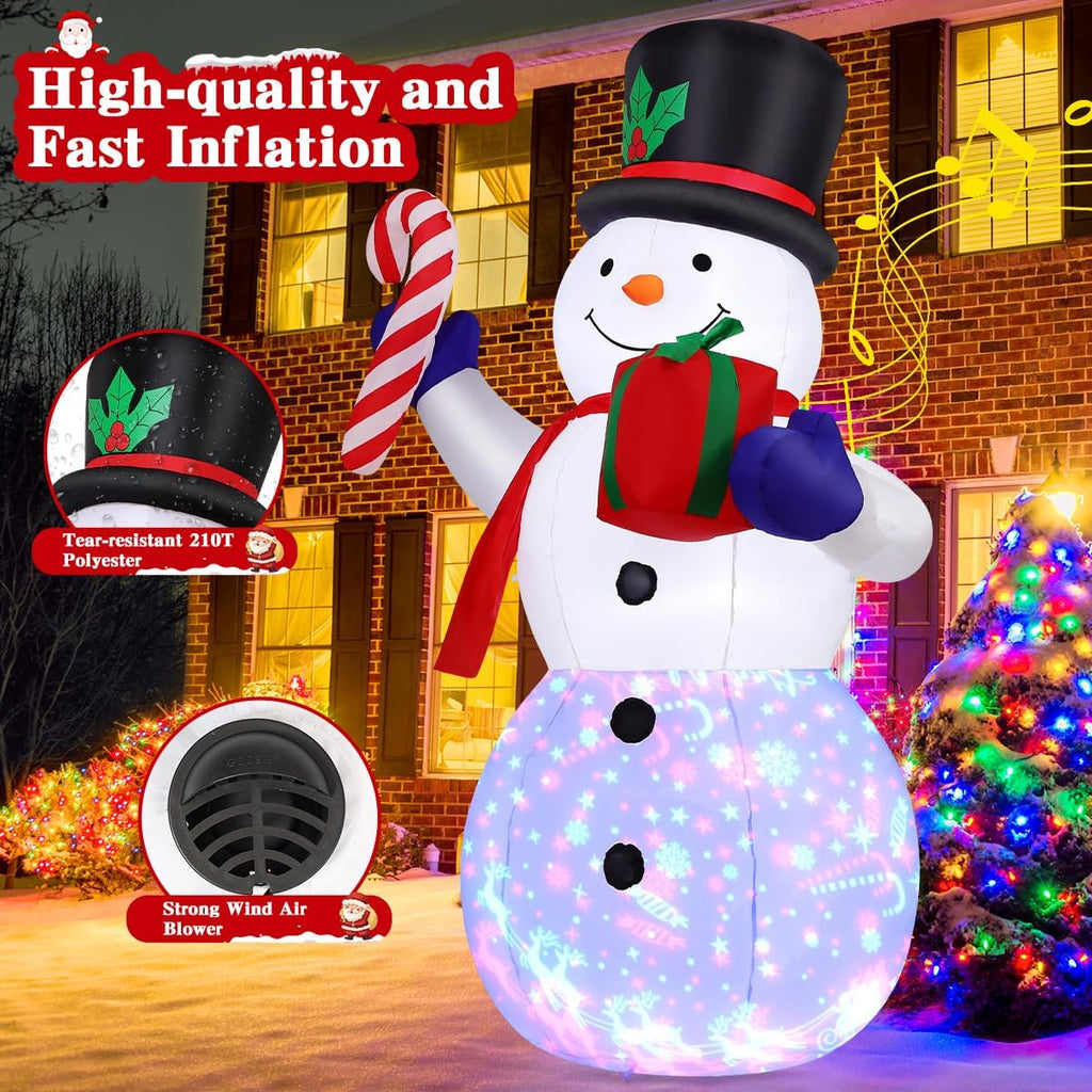 8 FT Christmas Inflatables Snowman and Gift Box with Built-in Music & 360° Rotation Colorful Projector LED Light