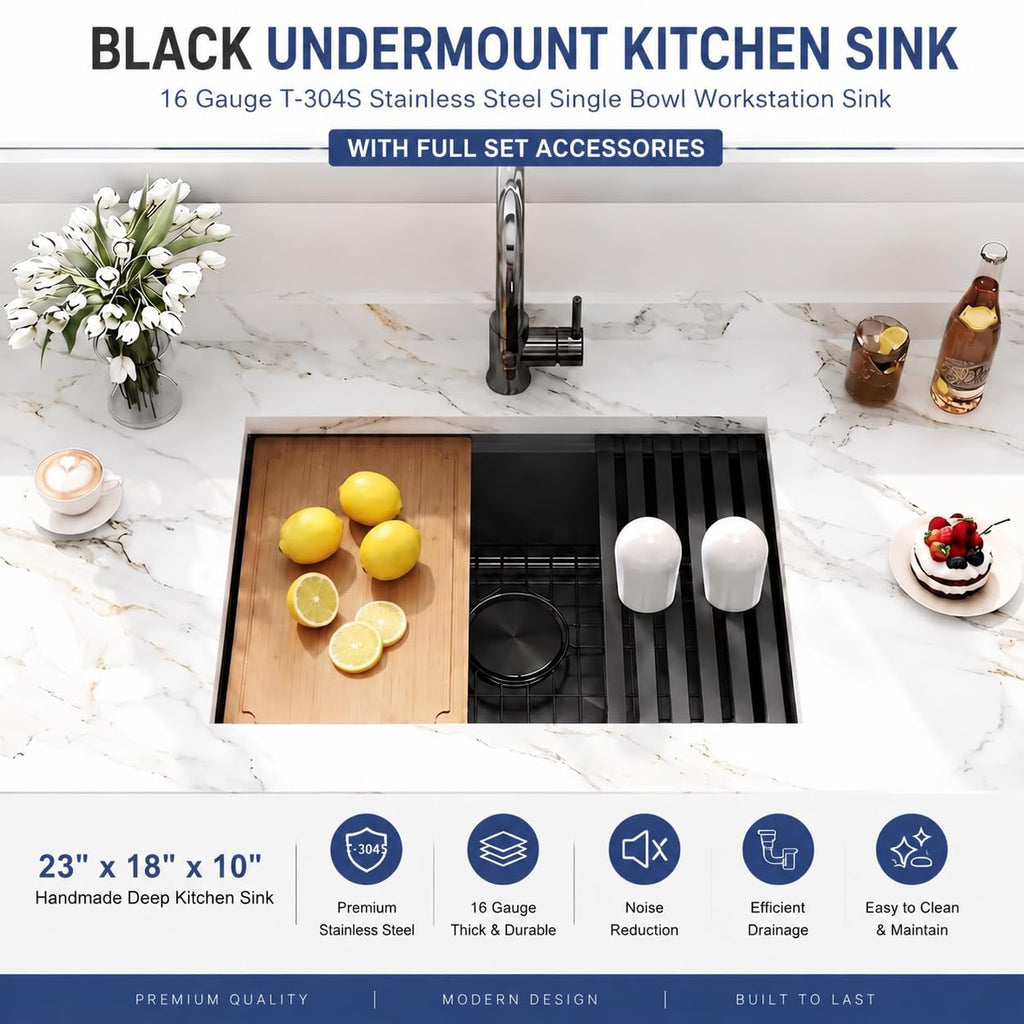23 Inch Black Undermount, 16 Gauge Workstation Sink