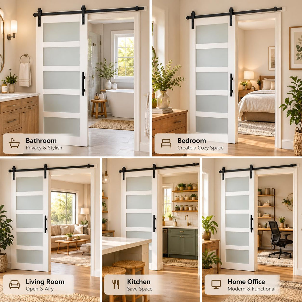 44in x 80in Glass Sliding MDF Barn Door with Sliding Door Hardware Kit, 5 Tempered Frosted Glass, Slab Inside Covered