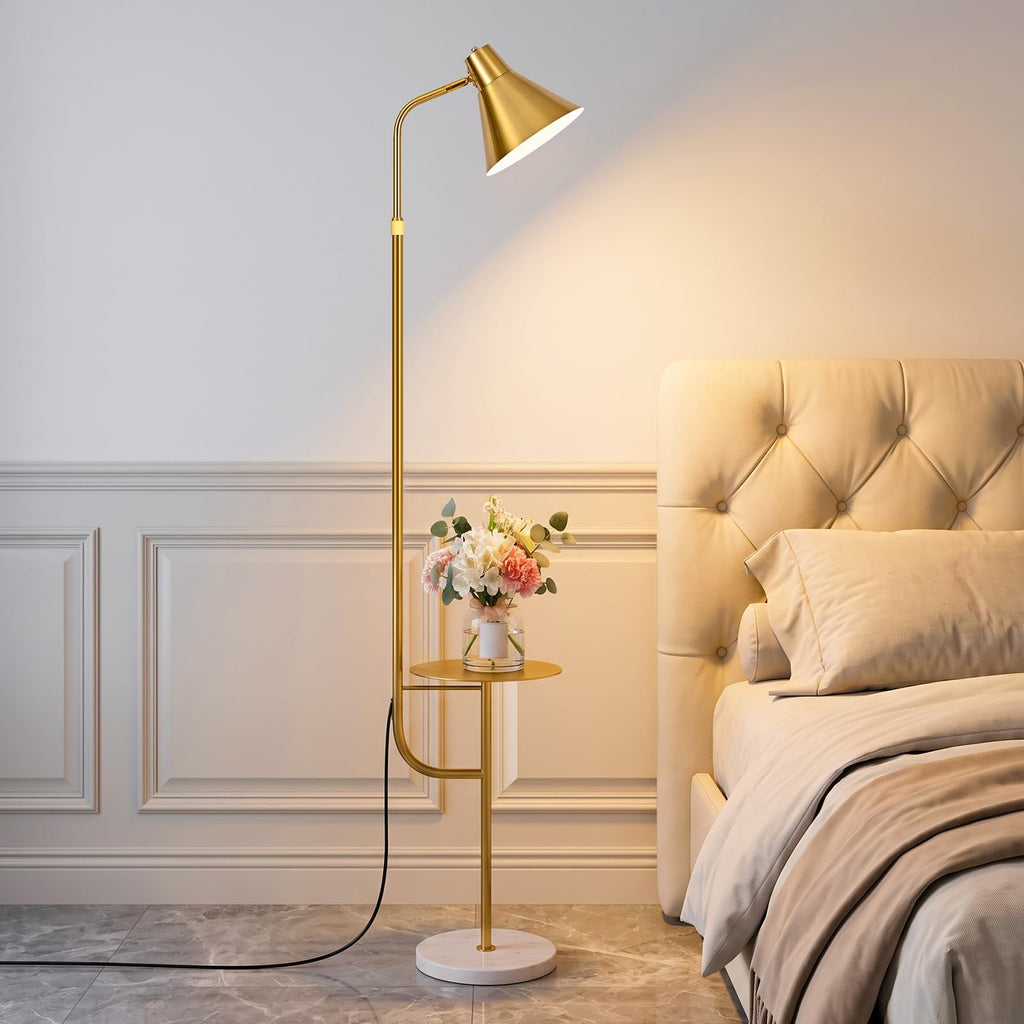 Gold Brass Brushed Floor Lamps with Side Table, Dimmable Light