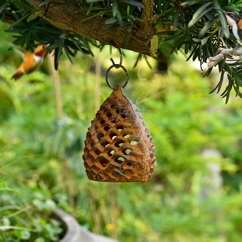 Cast Iron Lantern, Full Rust - Pinecone Hanging Candle Holder