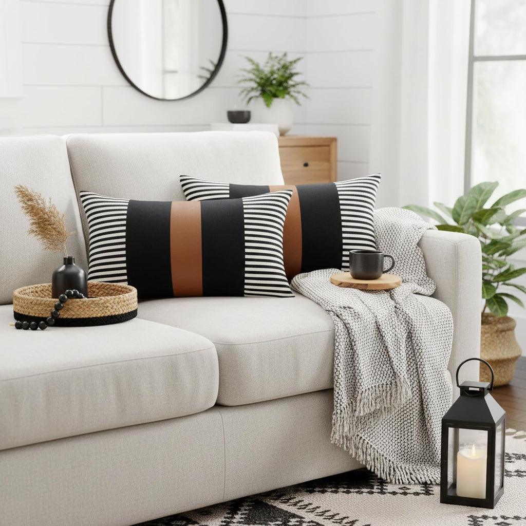 Brown and Black Decorative Pillow Cover Set of 2, Farmhouse Stripe Lumbar Pillow Cover 12x20 Modern Faux Leather