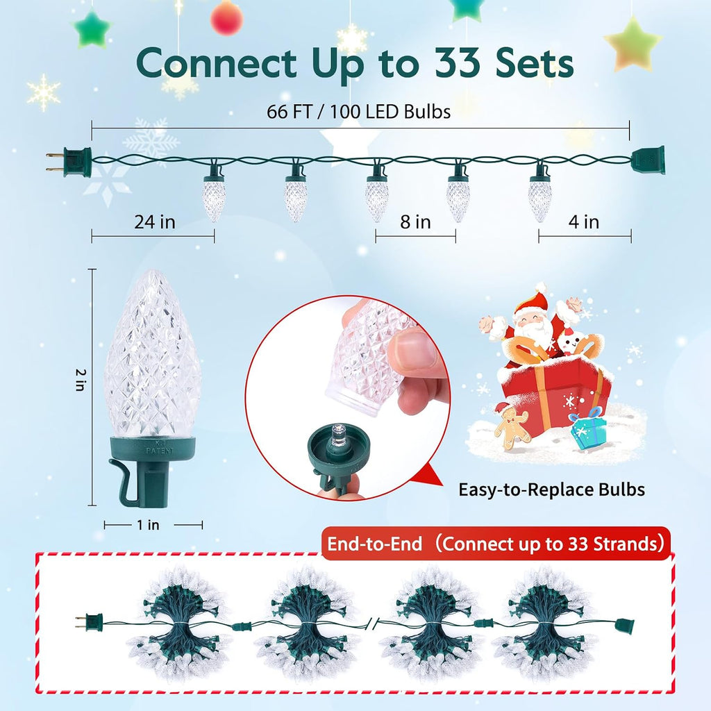 2 Pack Total 132ft 200LED Outdoor C9 LED Christmas String Lights, Plug-in Connectable Waterproof Roofline String