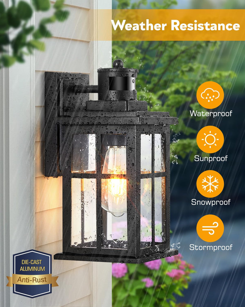 Motion Sensor Outdoor Lights, 2 Pack Outside Light Fixture Dusk to Dawn, Black Outdoor Motion Sensor Light, Anti-Rust