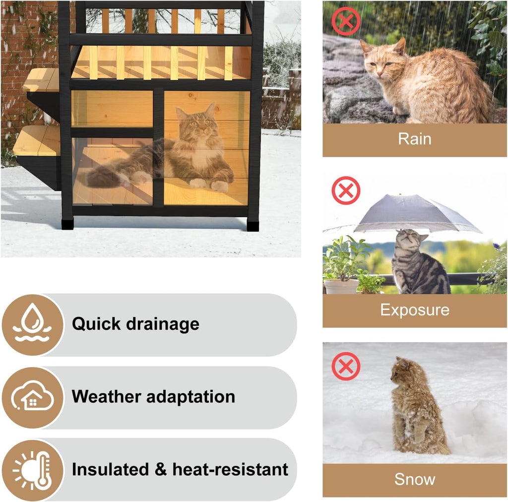 Outdoor Cat House Weatherproof, Outside Two Story Feral Cat Shelter with Escape Door, Scratching Mat, Pull-Out