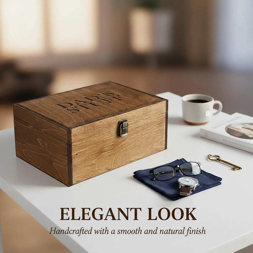 Dad Gifts, Wooden Dad's Stuff Storage Box, Large Rustic Wooden Keepsake Box 11.6" x 8.7" x 5", Engraved Memory Wood