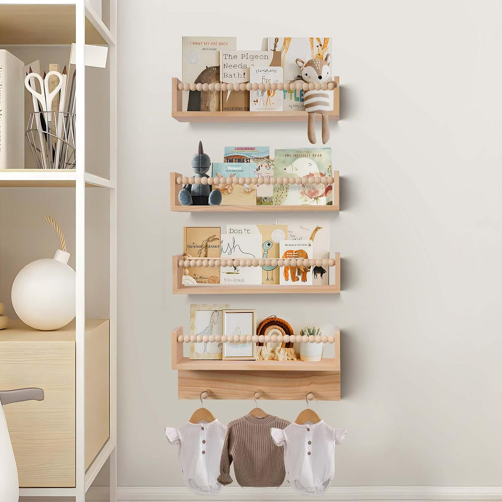 Wall Bookshelves,Set of 4 Natural Wood Floating Bookshelf,Nursery Shelves,Floating Book Shelves for Wall(Burlywood)