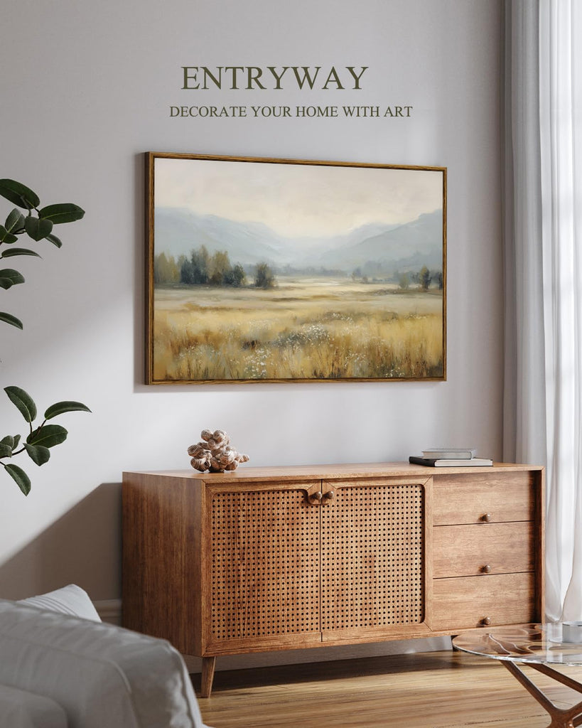 Large Vintage Landscape Canvas Wall Art, Neutral Landscape Wall Art, 24x36 Inch Framed Canvas, Misty Mountain Meadow