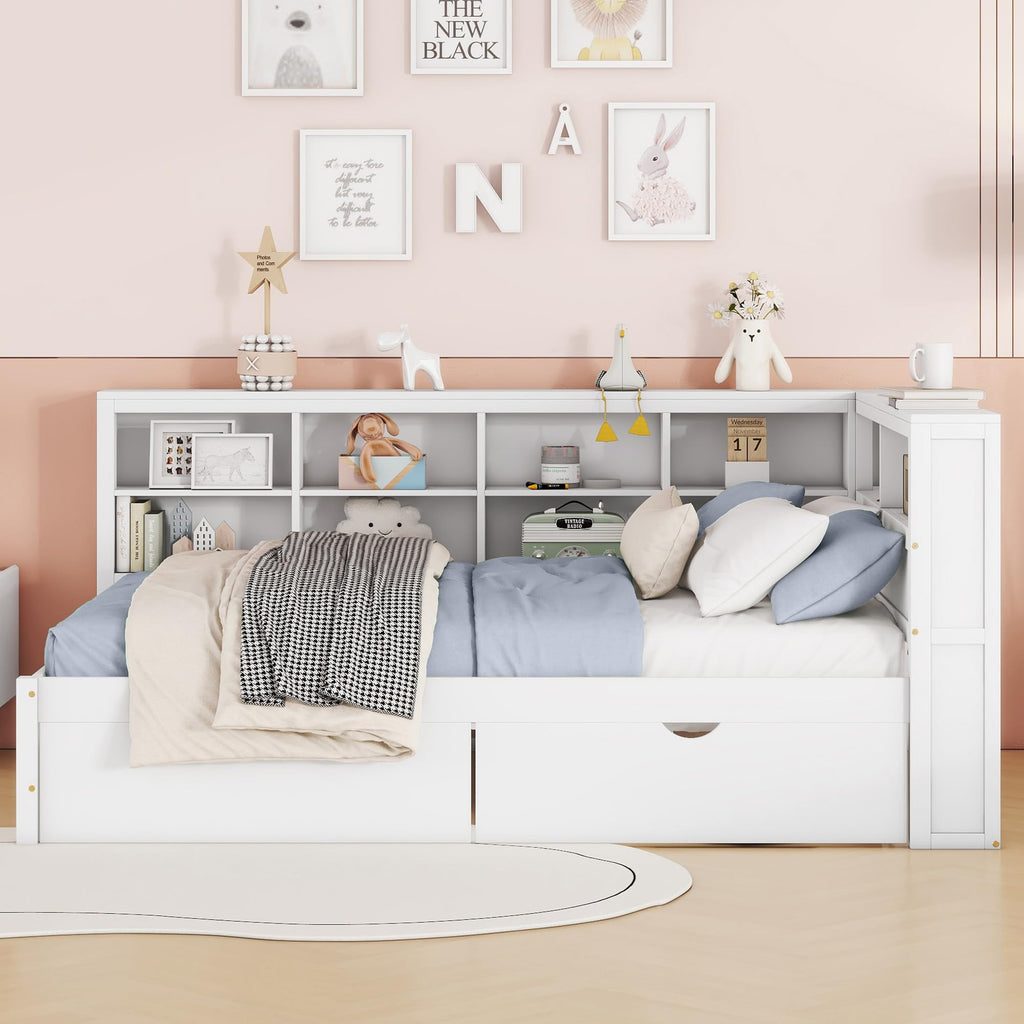 Wooden Full Size DayBed with Twin Size Trundle, DayBed with Storage Shelf and USB Charging Ports, White