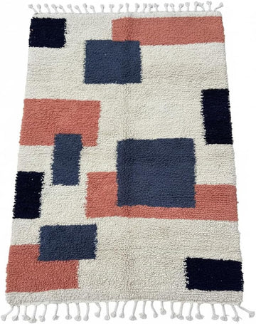 Wool Area Rug 6' x 9' - Handmade Berber Shag, Modern Geometric Color Block Design, Ivory/Cream with Navy and