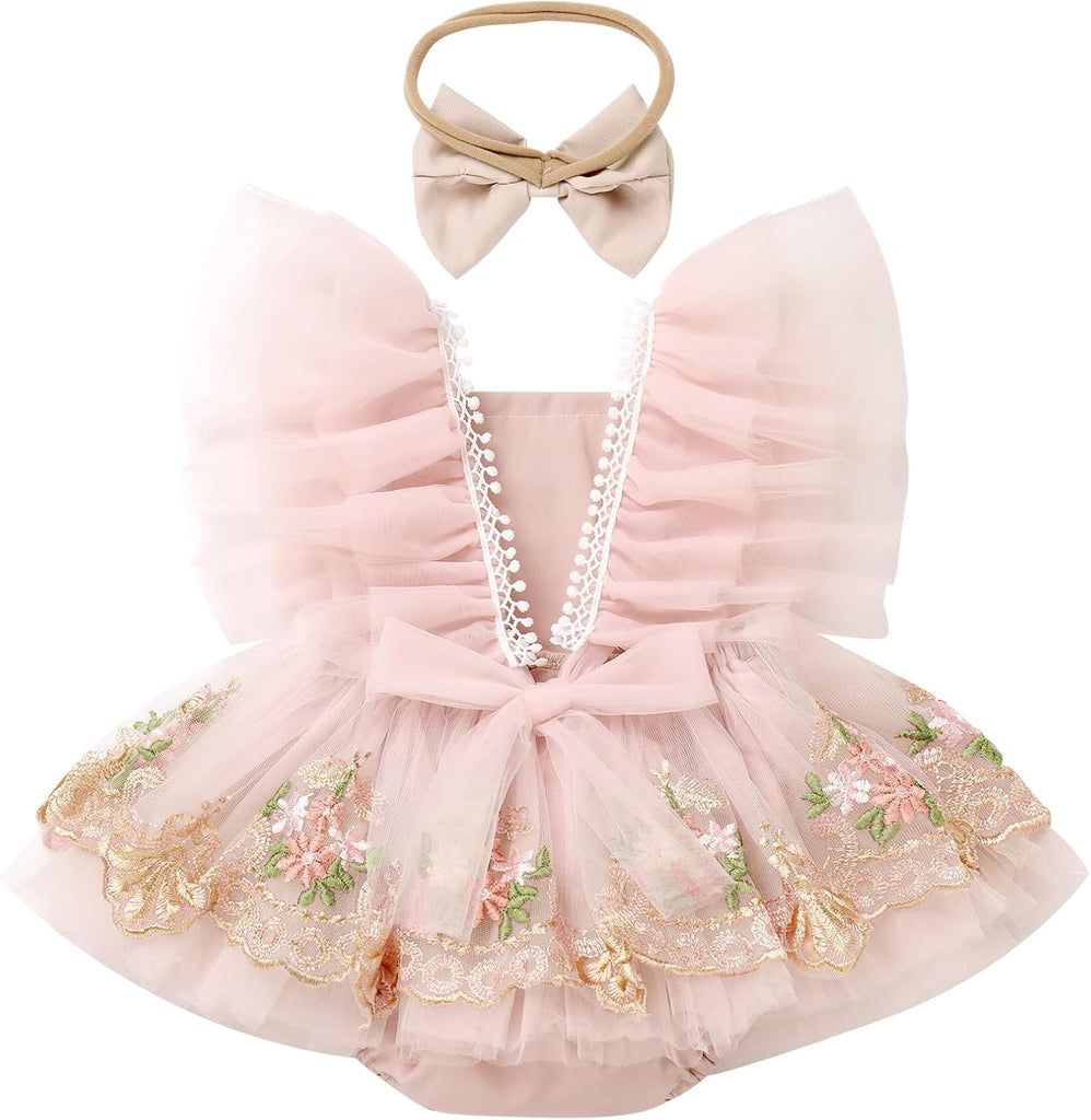 Baby Girls First Birthday Party Dress Tulle Tutu Romper Floral Embroidery Bodysuit Cake Smash Outfit