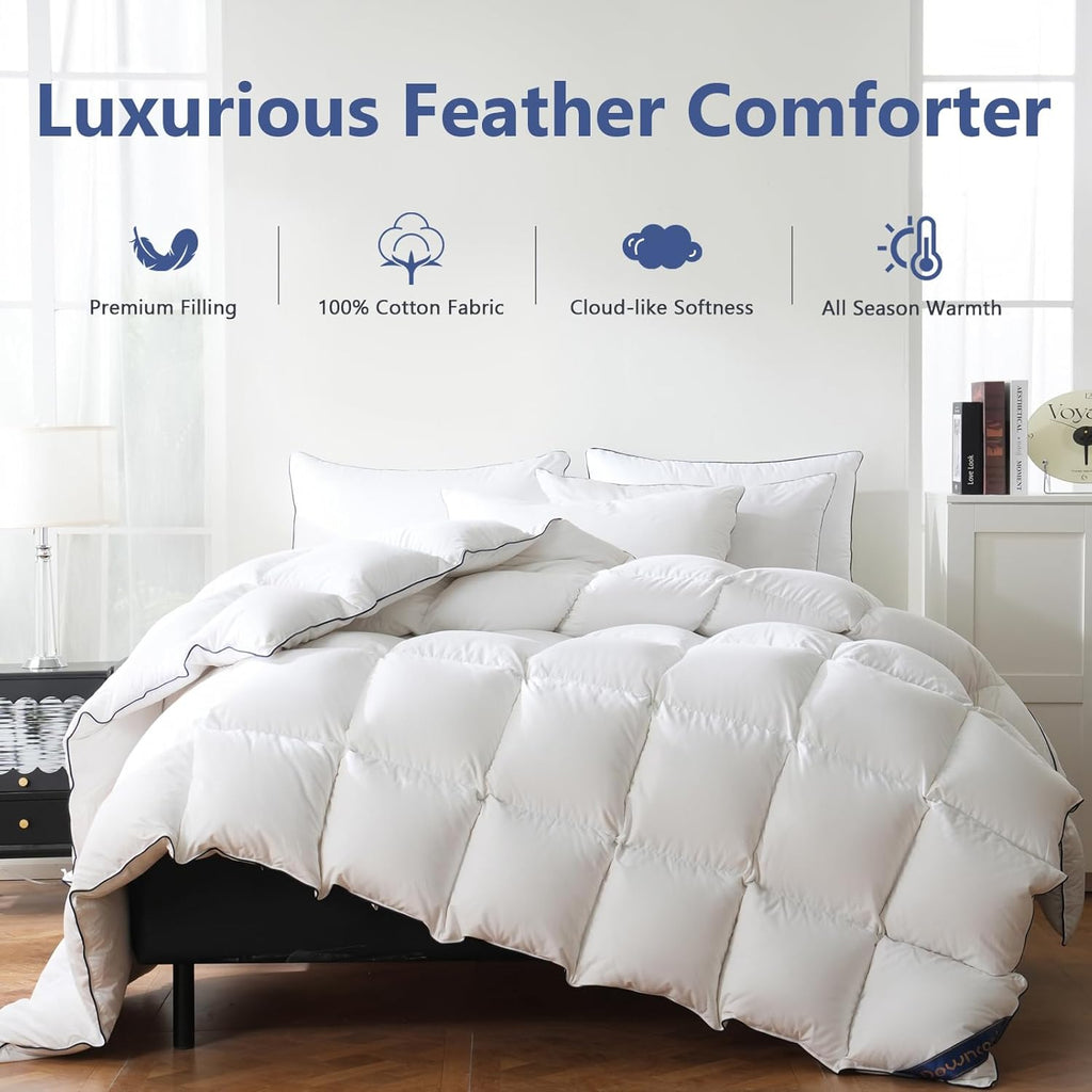Feather Down Fiber Comforter King, 100% Cotton Ultra Soft Fluffy Duvet Insert King