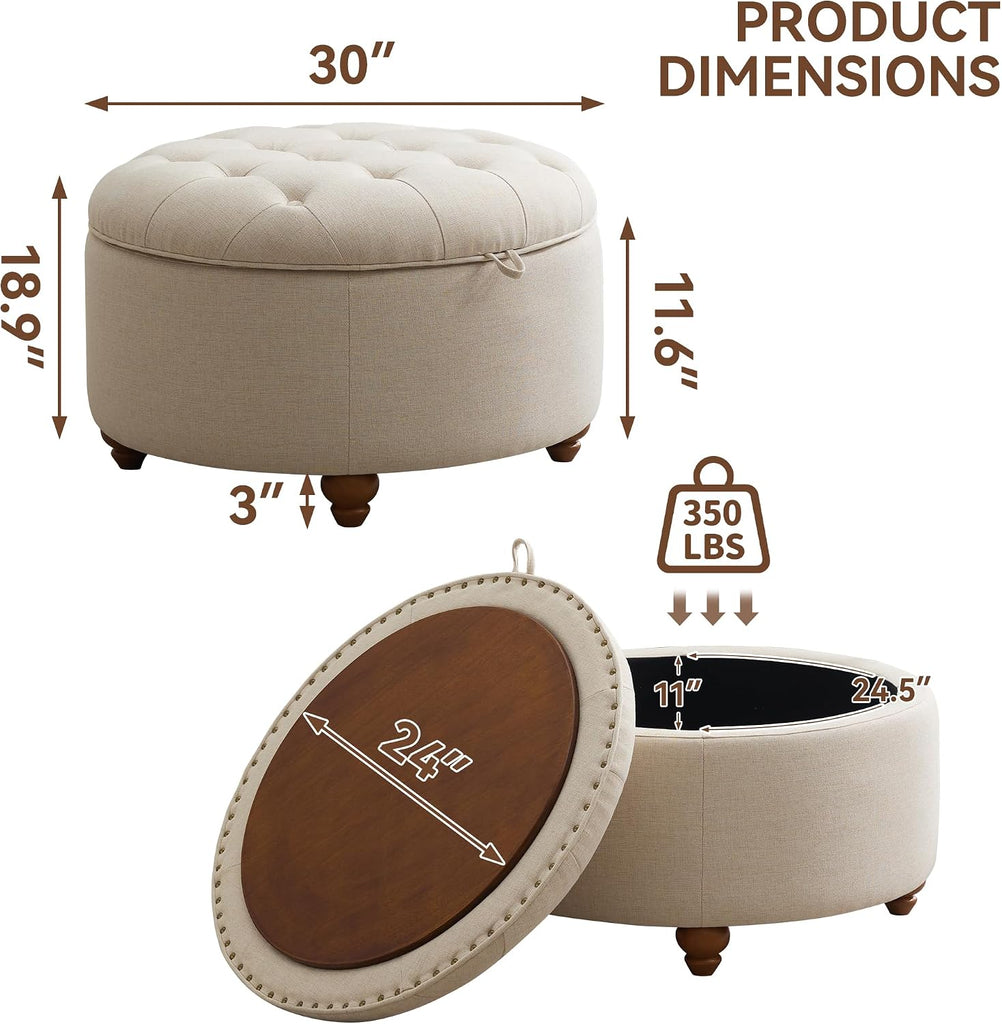 30Inch Round Storage Ottoman with Tray, Modern Tufted Fabric Circle Coffee Table with Storage, Upholstered Ottoman