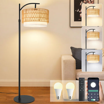Rustic Black Farmhouse Floor Lamp with Woven Rattan Shade - 12W LED, Remote & Dimmable 3-Color Temp, Tall Standing