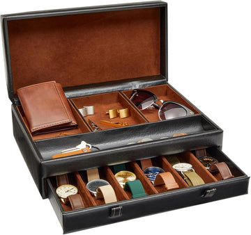 Jewelry Box Organizer and Holder - Black Watch Box with Leather Valet Tray Improvement - 12.6 x 9 x 4 In - Mens