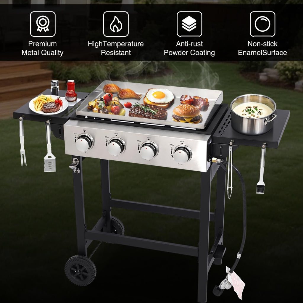 4-Burner Propane Gas Griddle, 40,000 BTU Flat Top Grill with Foldable Side Tables and Wheels, 291 Sq. In. Cooking Area