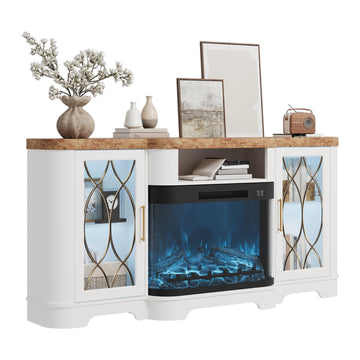 70" TV Stand with 30" Curved Electric Fireplace, White/Brown