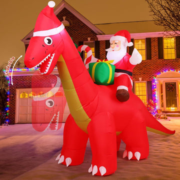 8FT Christmas Inflatables Outdoor Decorations Santa Riding Dinosaur,Blow Up Santa Inflatable with Built-in LED Lights