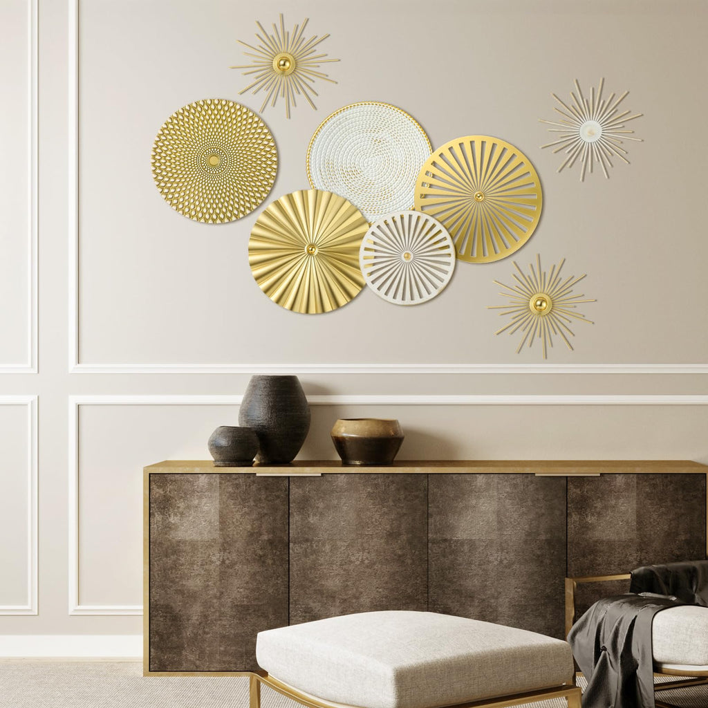 White Gold 8 Pcs Wall Decor Round Modern Metal Plate Art