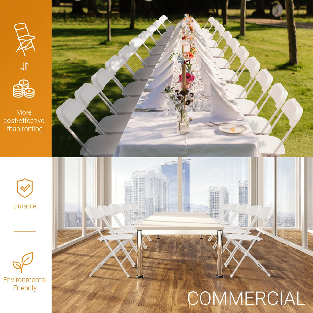 White Folding Chair, Foldable Metal Frame with Solid Plastic Seat, Portable for Event Party Outside Dining Game, 6 Pack