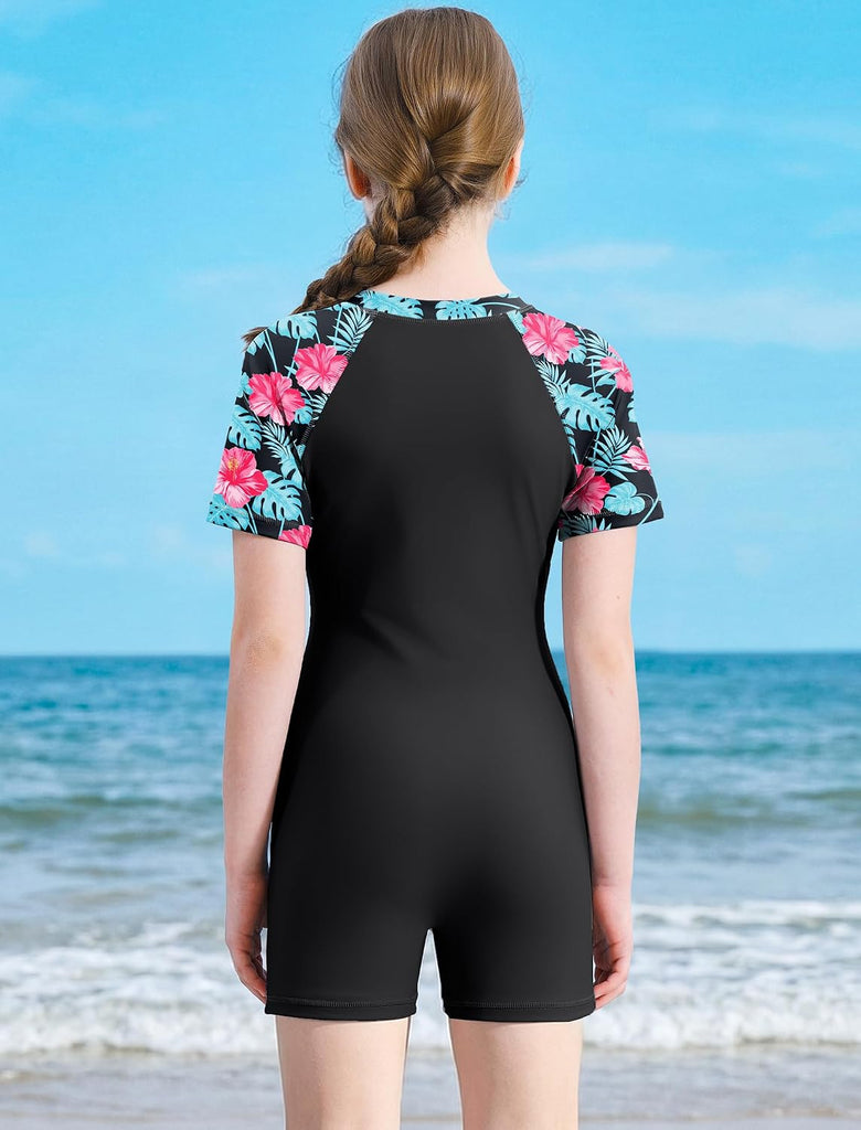 Girls Rash Guard Swimsuit One Piece Short Sleeve Front Zipper Swimwear UPF 50+ Bathing Suits