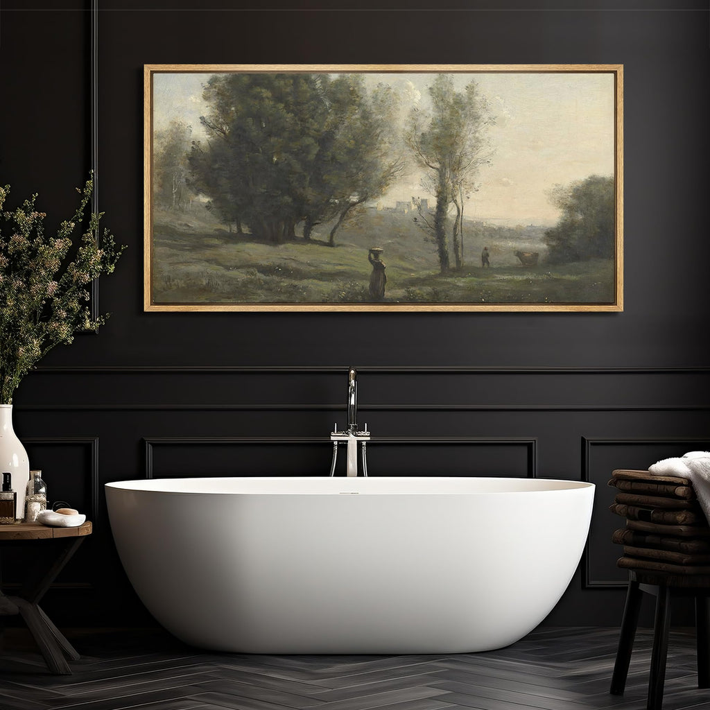 Extra Large Framed Canvas Print Wall Art Pastoral Elegance Tranquil Countryside with Figure Vintage Inspired Colorful