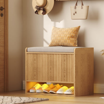 23.6" Fluted Shoe Storage Bench, Small Entryway Bench with Linen Seat Cushion, Shoe Cabinet Bench with Adjustable