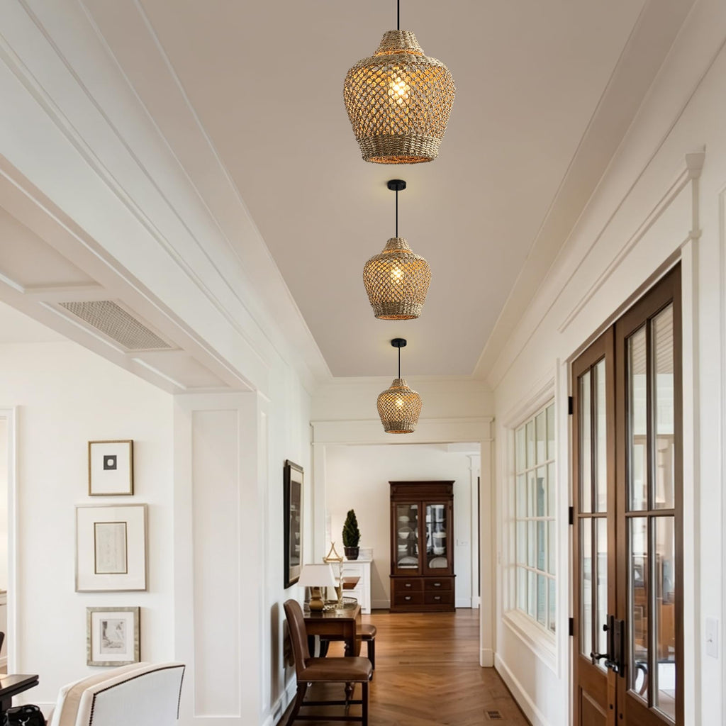Rattan Pendant Light 11.8" Seagrass Hanging Light 2-Pack
