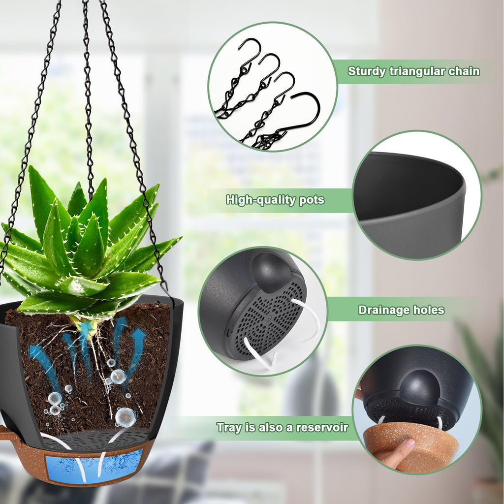 10/9/8 Inch Hanging Planter for Indoor Outdoor Plants, 3 Pack Self-Watering Hanging Pot with Drainage Holes Hanging