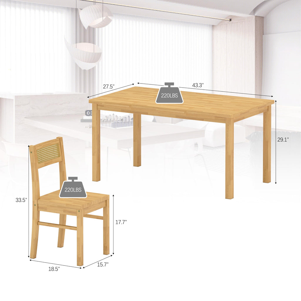 Solid Wood Dining Table Set for 4, 43.3" Dining Table with Chairs Set, Kitchen Dining Table Set with Woven Rattan