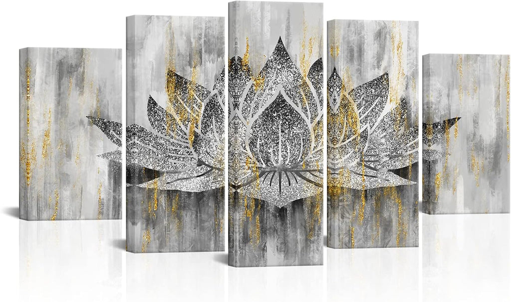 5 Panel Lotus Flower Wall Art Trendy Silver Golden Flower Painting Canvas Prints Zen Lotus Picture Artwork Yoga