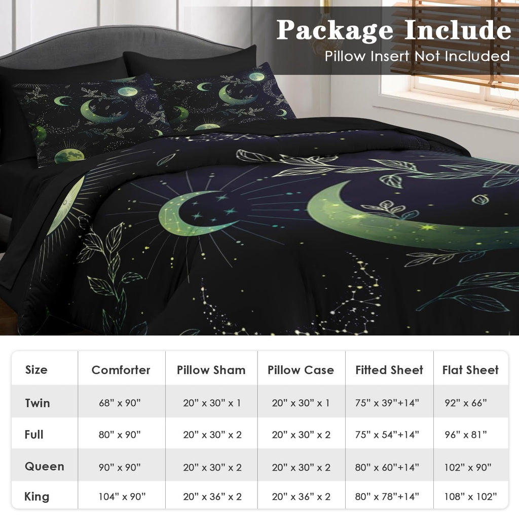 Queen Comforter Set with Sheets, 7 Pieces Witchy Green Boho Bedding