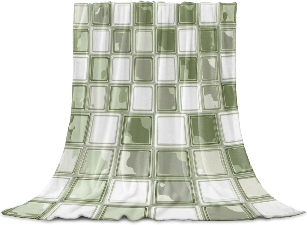 Coastal Aesthetic Throw Blanket Boho Sage Green Squares Mosaic Flannel Cozy Soft Warm Fleece Blankets, 50 x 60 inch
