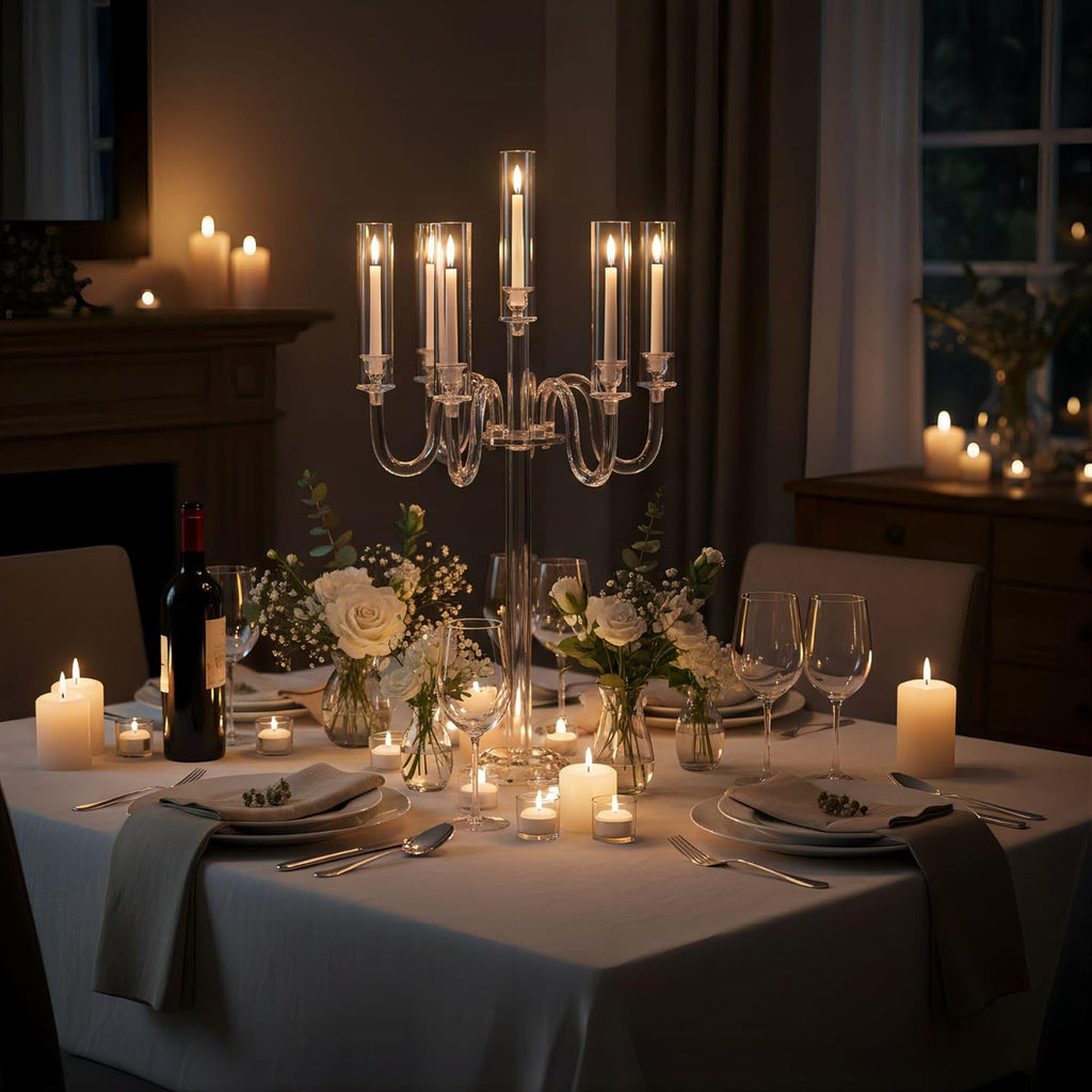 6 Arm Acrylic Candle Holder for Tables, Acrylic Candelabra Centerpieces for Taper LED Candles, 37.4 in Tall